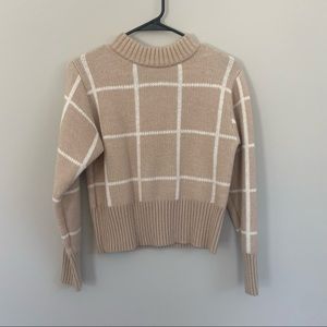 Poof New York Mock Neck Windowpane Cropped Beige and White Sweater